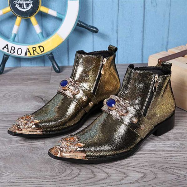 

winter shoes genuine leather men boots gold pointed toe men ankle boots nightclub party dress shoes fashion motorcycle, Black