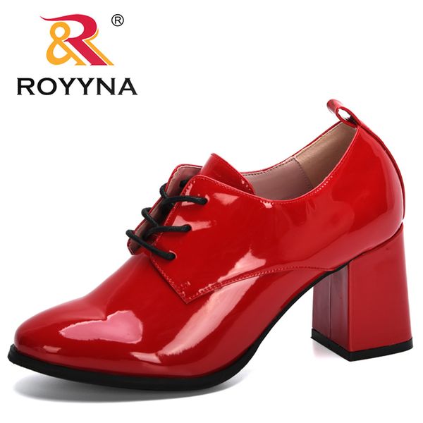 

royyna 2020 новое прибытие классический свадебная обувь женщина лакированной кожи насосы ladies высокий каблук дизайнерская марка коренастый, Black