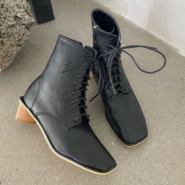 

trendy wood heels boots women lace up botas british riding boot women shoes wooden botines mujer 2020 square toe knight boots, Black