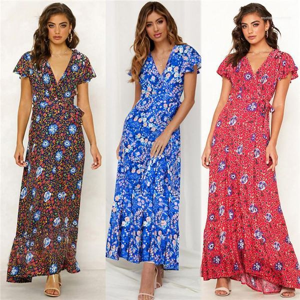 

v neck short sleeve fashion style female clothing fashion style casual apparel womens floral print maxi dresses, Black;gray