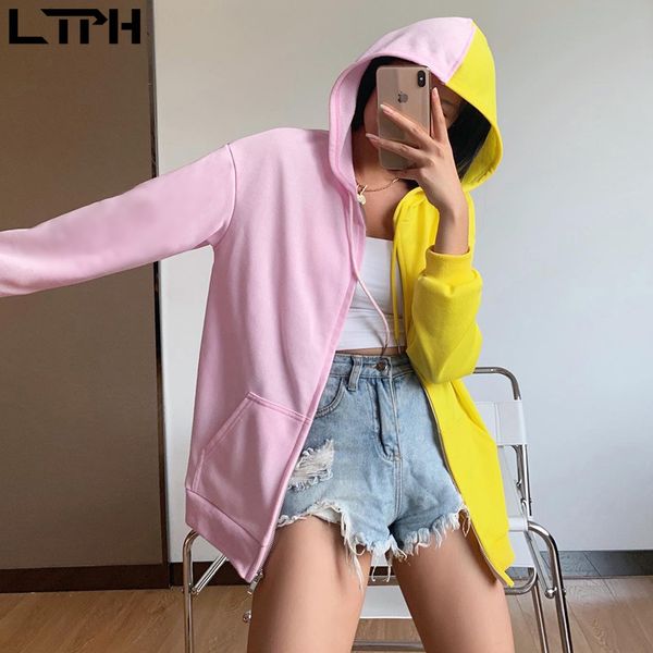 

2020 autumn new arrival street style casual hit color splicing loose hoodies women full sleeve zip-up hoodie playful sweatshirt, Black