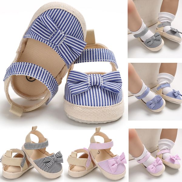 

summer children newborn infant shoes baby girl boy soft crib sneaker anti-slip striped bow first walker shoes 0-18m