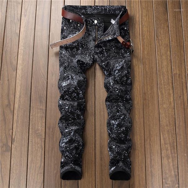 

designer jeans fashion skinny personality print mens pencil pants casual zipper males clothing digital print mens, Blue