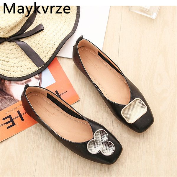 

european and american women flats casual shoes 2020 new tide fashion metal buckle square toe comfortable women's shoes, Black