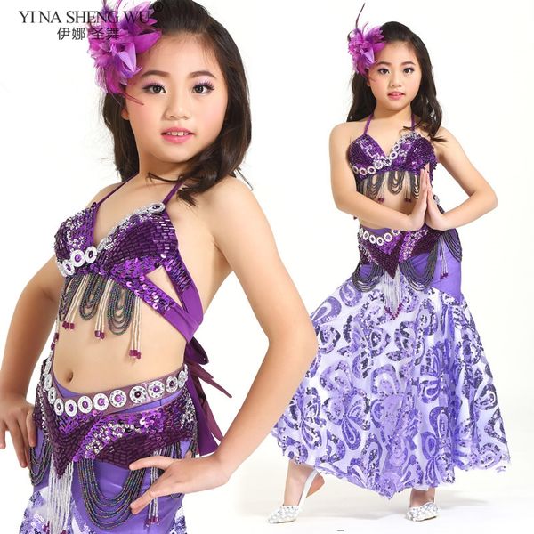 

children belly dance clothing oriental dance outfit bra belt skirt 3 pcs professional kids belly performance costumes set, Black;red