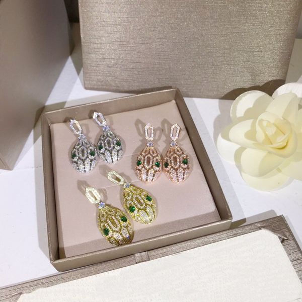 

europe america fashion lady women brass 18k gold plated setting hollow out full diamond green eyes zircon snake head stud earrings, Golden;silver
