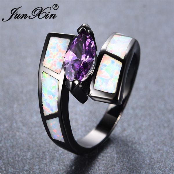 Junxin Boho Feminino Masculino Branco / Blue Fire Opal Anéis para as mulheres negras Gold Filled Jóias Rosa Roxo Zircon Marquise Anel de casamento