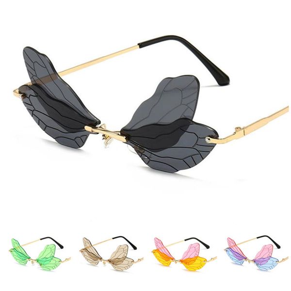 Moda Feminina Óculos de Sol Sem Aro Personalidade Asa de Libélula Óculos de Sol Engraçado Eyewaer Masquerade Óculos Óculos de Lentes Coloridas A++