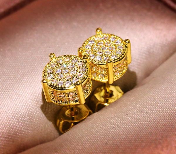 

luxury full crystal round earrings white gold yellow gold color white zircon stone wedding stud earrings for women men11, Golden;silver
