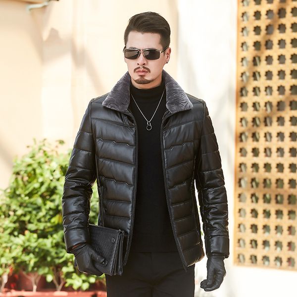 

men's down & parkas winter jacket men thick pu leather business casual windproof warm lapel zipper, Black