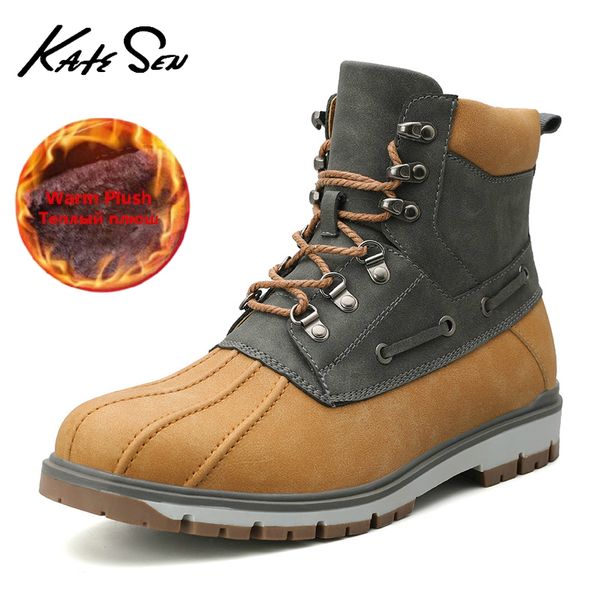 

katesen men boots classic duck boots with waterproof rubber sole men rain lace up ankle shoes fur winter leather shoes, Black