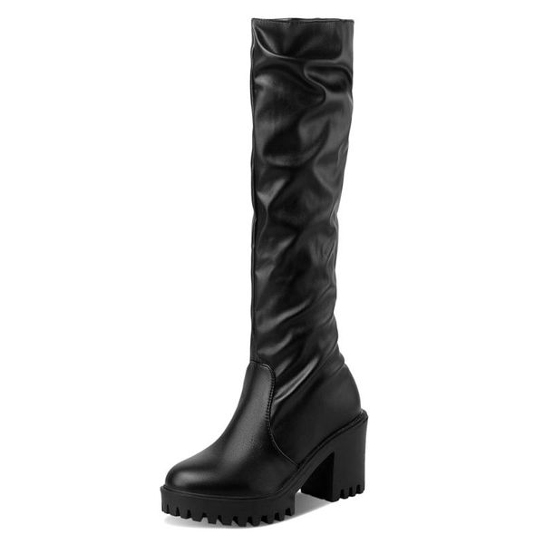 

hollow ultra-high thick heel thick-soled pleated sleeve knee-length boots white square heel plus size autumn/winter women's boot, Black