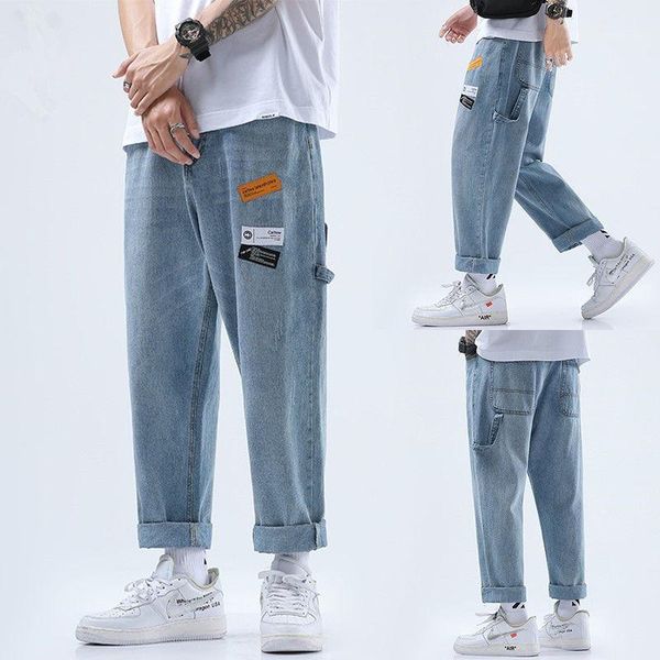 

blue patch decoration trendy fashion pants hip hop style male jeans mens solid straight leg jeans loose