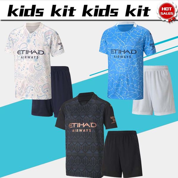 

2021 kids kit manchester soccer jersey #9 g.jesus home blue 20/21 child away black soccer shirt #17 de bruyne boys football uniforms+shorts