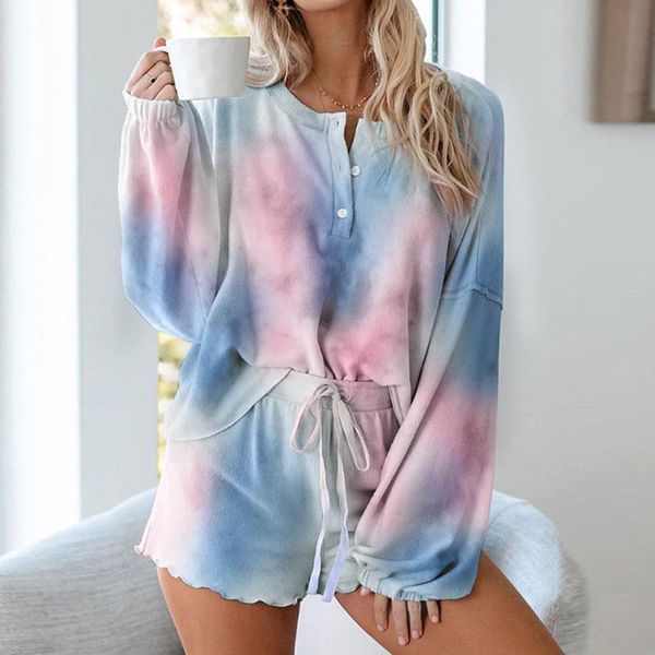 

women's sets full sleeve lettuce trim tie-dye casual loose shorts two piece outfits pajama set tracksuit outfits sportswear, Gray
