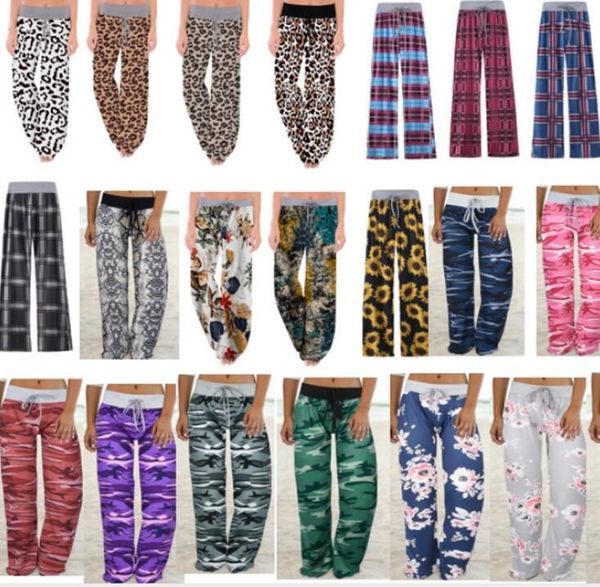 

s-5xl women wide leg trousers drawstring elastic pants leopard floral plaid flare pants yoga loose bloomers plus size bottom clothing e82001, Black;white