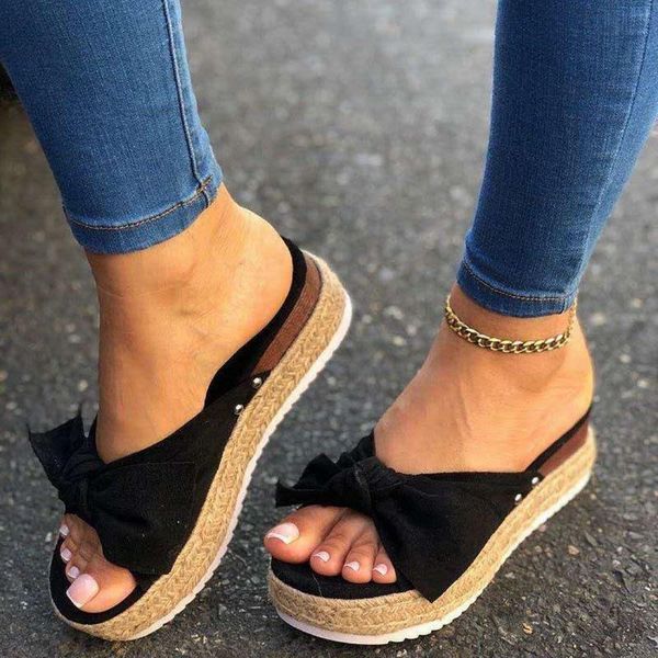 

2020 new summer slippers women fashion butterfly bow-knot platform women shoes casual beach ladies plus size slippers, Black