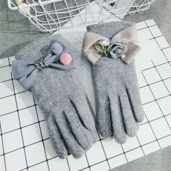 

five fingers gloves korean touch screen wool bow warm knitted women spring winter thick cashmere mittens, Blue;gray