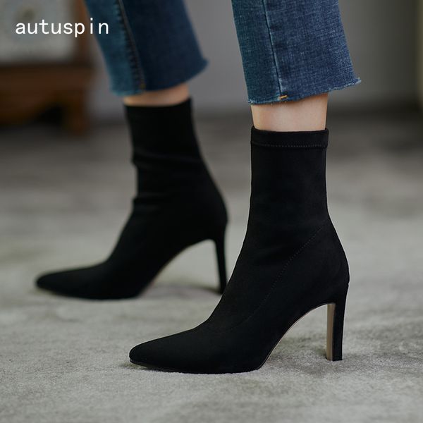 

autuspin women concise basic winter boots shoes 2020 classic fashion high heels women pumps pointed toe shoes plus size 34-43, Black