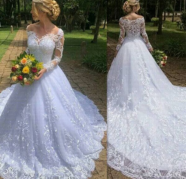 

luxury white lace ball gown wedding dresses with illusion long sleeve appliques garden bridal gowns court train bride dress