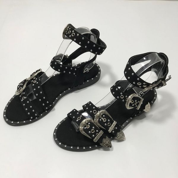 

summer multiple buckle rivets peep toe ankle wrap women sandals open toe metal back strap flat heels lady shoes sandalias mujer, Black