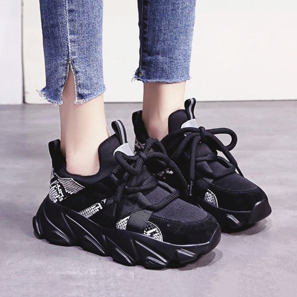 

women chunky sneakers high street thick bottom ladies platform shoes fashion snake pattern black white women casual shoes