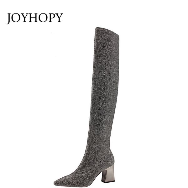 

thick heels stretch sock boots women 2020 autumn slim leg high tube shoes woman elastic cloth over the knee boots wb008, Black