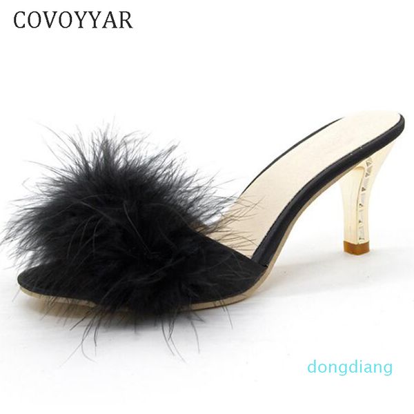 

covoyyar 2019 summer shoes woman feather thin high heels fur slippers peep toe mules lady pumps slides shoes big size, Black