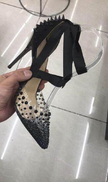 

original box black lace up slingback women pumps red bottom high heels pvc crystal bling pointed toe wedding party shoes