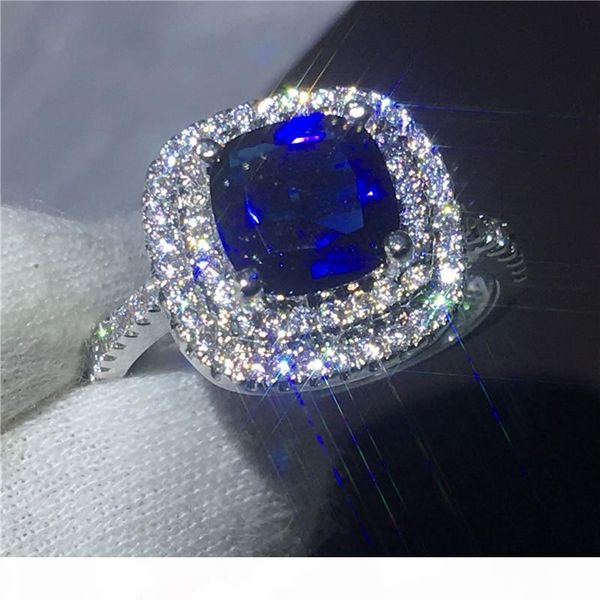 

women fashion cushion cut 3ct blue 5a zircon crystal 925 sterling silver engagement wedding band ring for women bijoux, Slivery;golden