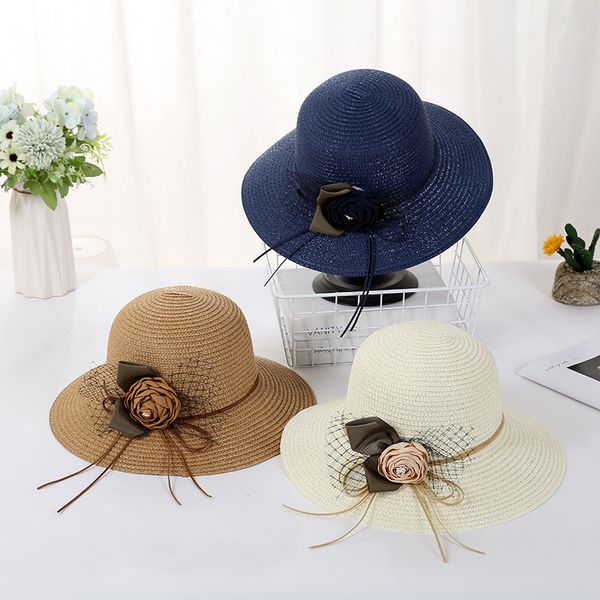 

wide brim hats summer korean sun hat rose flower straw lace travel beach, Blue;gray