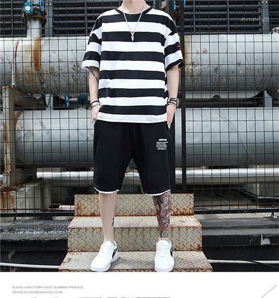 

shorts mens sports suits fashion running summer short sleeve loose clothing mens striped tracksuits o neck, Gray