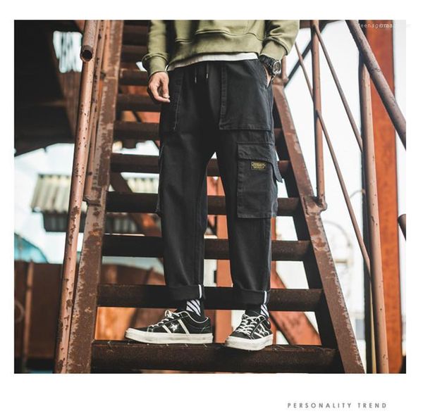 

mens vintage mult pocket pants designer spring summer straight cargo pant males loose casual street style clothing, Black