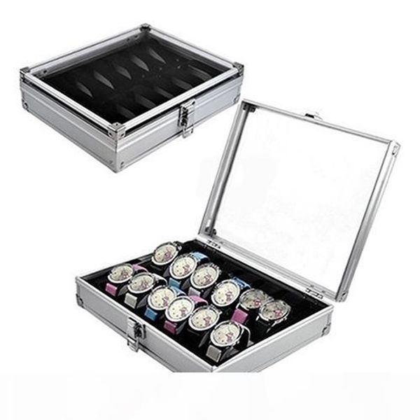 

2016 useful 6 12 grid slots jewelry watches aluminium alloy display storage box case ing, Black;blue