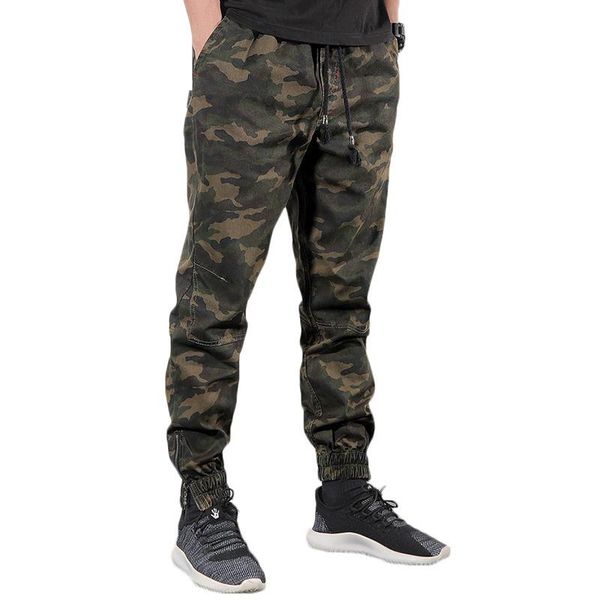 

cotton men's cargo pants camouflage loose fit men pants multi pockets large size army little feet trousers, Black