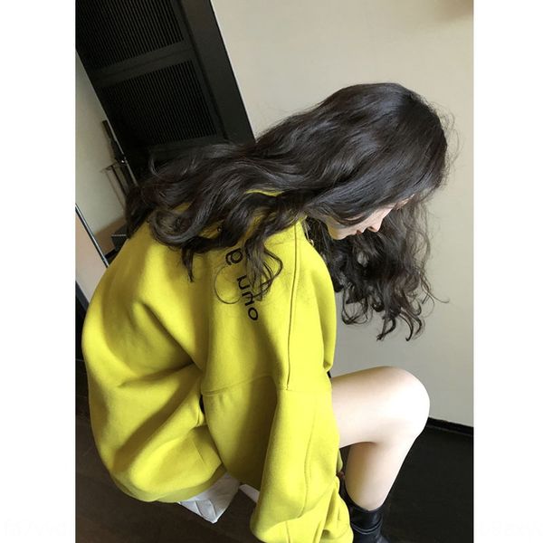 

internet celebrity same yellow round neck sweater for loose wool pullover pullover pulloverwomen 2019 winter new fleece loose lazy style top, Black