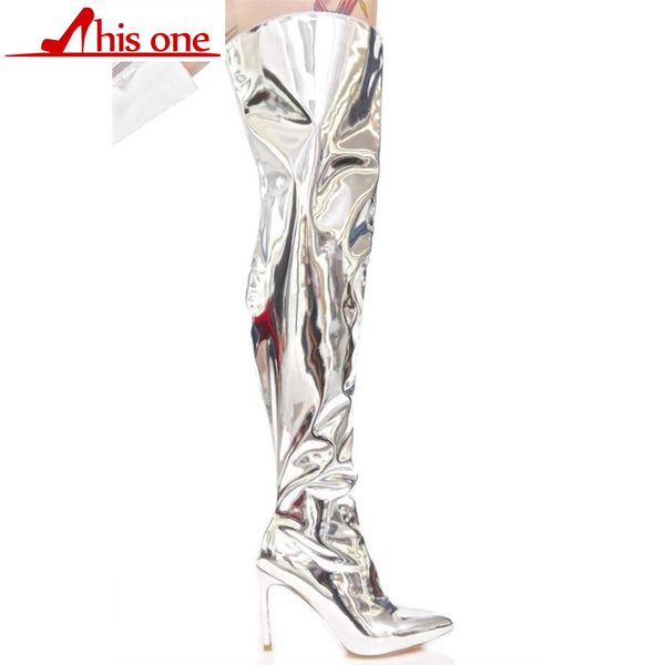 

2020 winter over the knee women boots mirror pu leather high heel slip on shoes pointed toe woman long boots size 35-48, Black