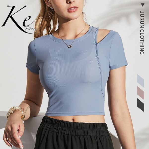 

outdoor t-shirts ke summer thin fake 2 pieces of yoga clothes female net red gym running fashion quick-drying casual sportswear t-shirt, Gray;blue