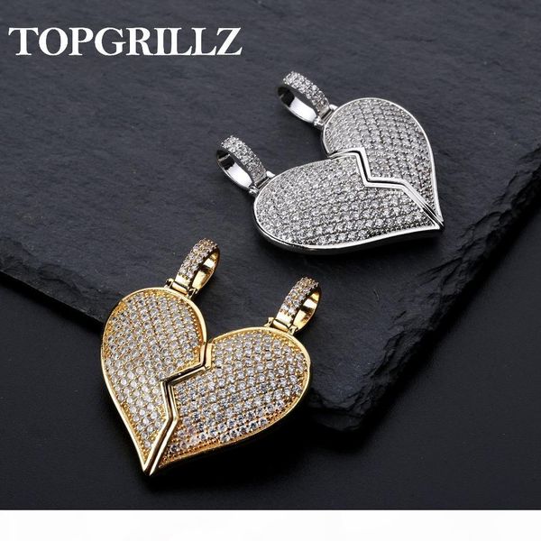 

solid back heart broken with magnet iced out pendant necklace mens women cz chains hip hop gold silver color charms jewelry gift