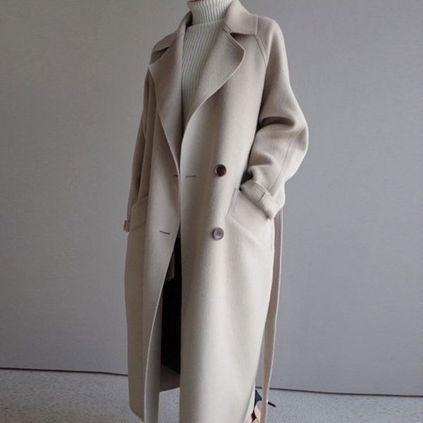 

winter coat women wide lapel belt pocket wool blend coat oversize long trench outwear wool women, Black