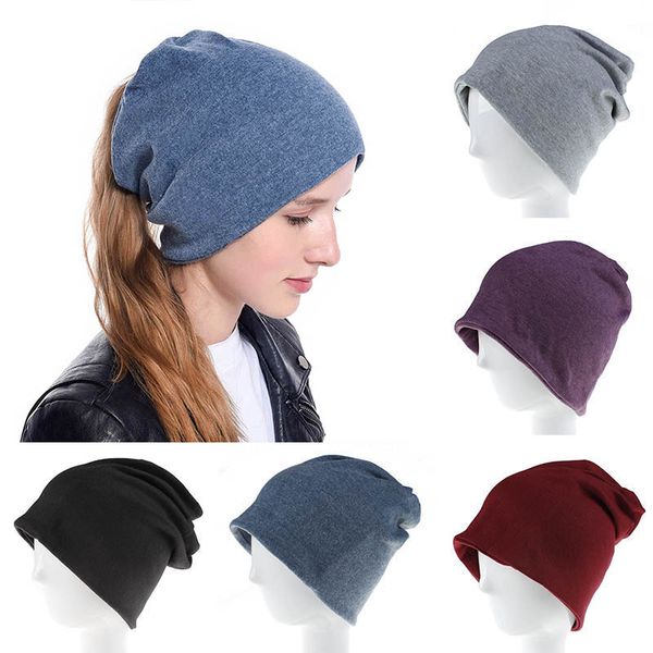 

autumn women hat beanie multifunction knitted cotton hat female casual soft baggy winter cap solid color caps, Blue;gray