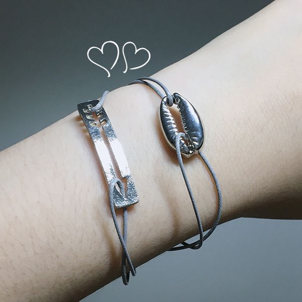 

silver color women's bracelet set double shell conch cotton rope tassel woven metal texture single layer bracelet two piece set, Black