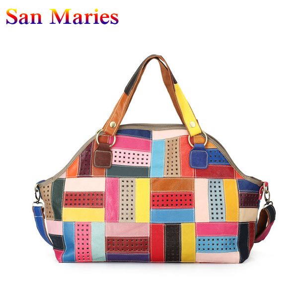 

san maries new fashion cowhide strip patchwork handbag for women cusual ladies colorful big corssbody bag