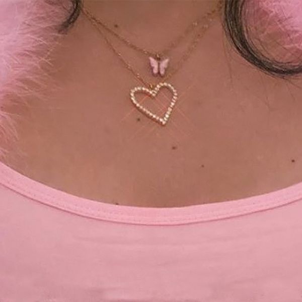 

2pcs/set sweet women necklaces set butterfly heart crystal clavicle chain gold necklace fashion valentine's day gift jewelry, Silver