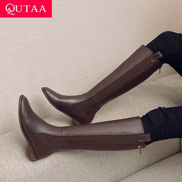 

qutaa 2021 cow leather pu knee high boots round toe slip on women shoes autumn winter square heel concise long boots size 34-39, Black
