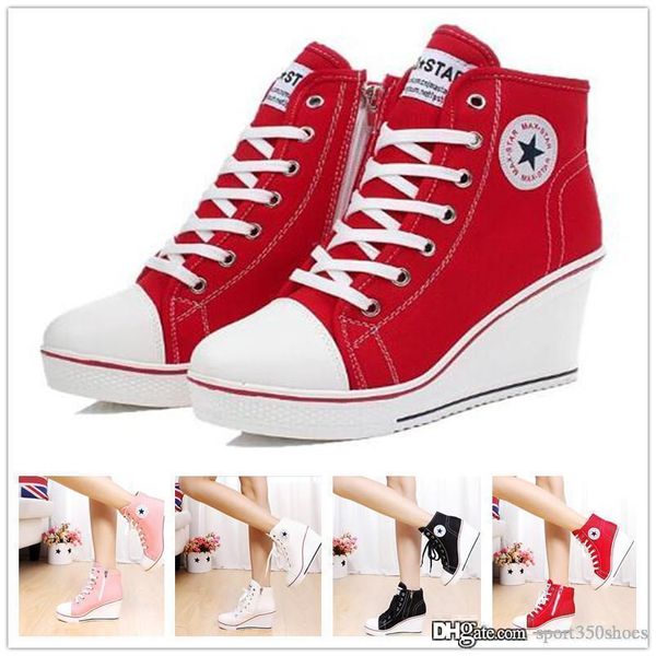 

fashion badge wedges high lacing casual elevator shoes female canvas shoes high wedge sneakers women sport shoes, Black