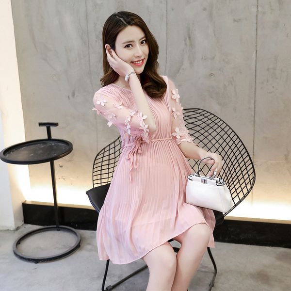 

chiffon floral maternity ptegnancy short sleeve summer dress for pregnant women maternity-dress pregnancy clothes outfits, White