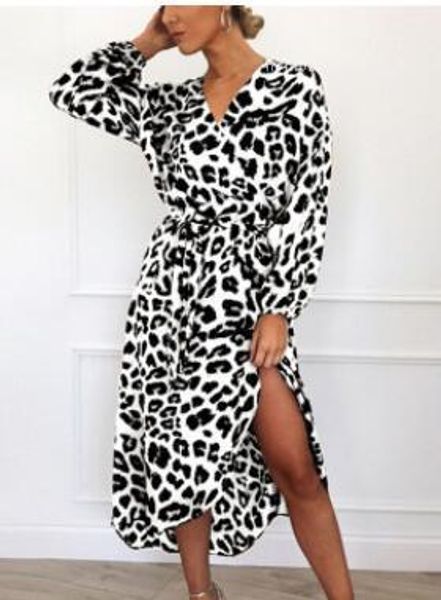 

split up design long sashes dress spring new leopard designer dresses women clothes deep v-neck, Black;gray