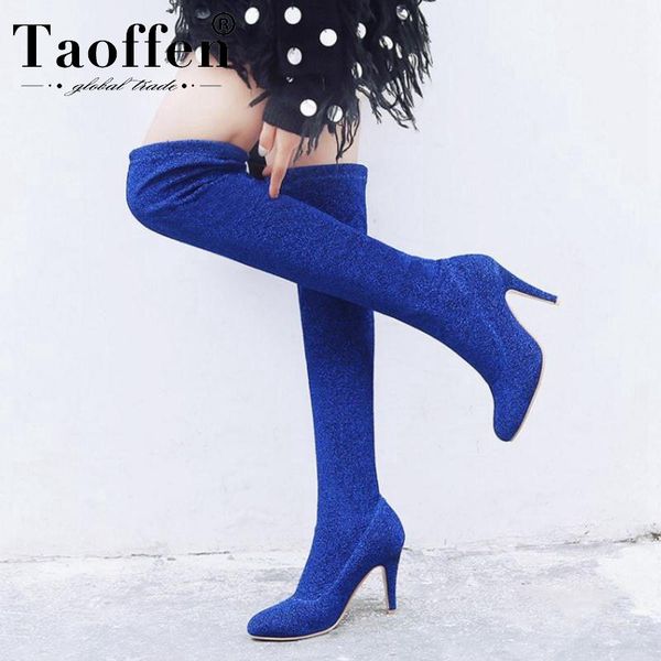 

taoffen 5 color plus size 32-48 bling stretch boots office ladies winter long boots fashion style shoes woman footwear, Black