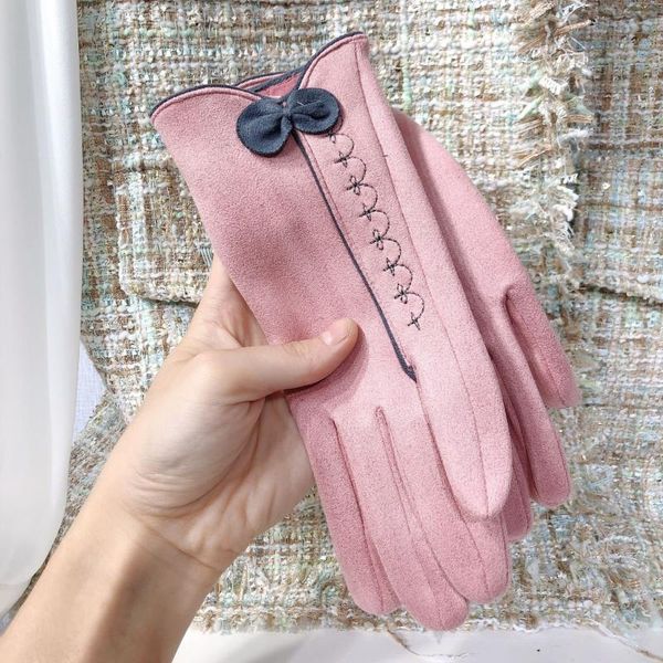 

five fingers gloves ladies autumn winter warm fashionable bowknot with velvet cycling driving touch screen suede, Blue;gray
